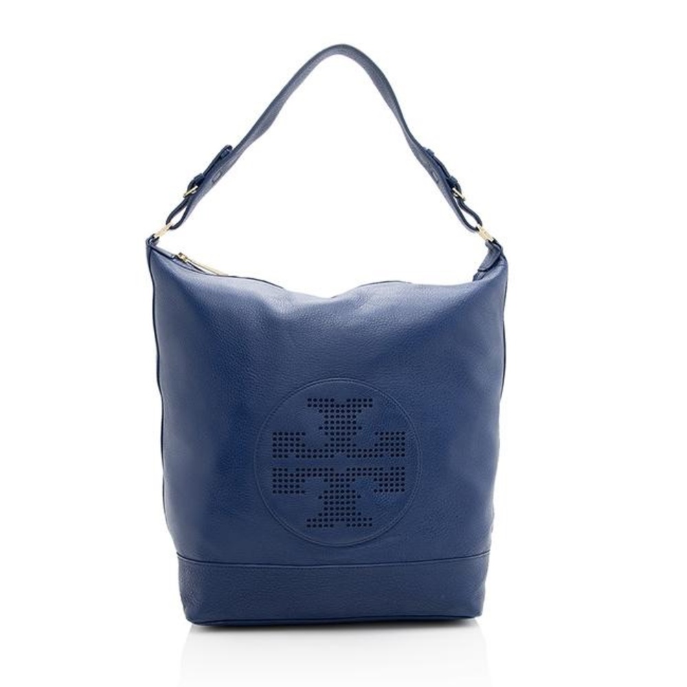 Tory Burch Blue Handbag Hobo Logo Bucket Kipp EUC
